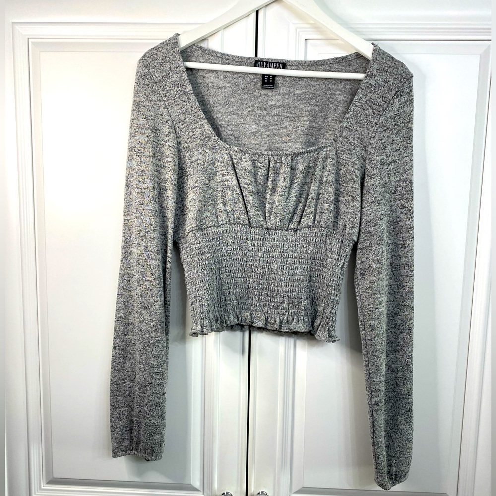 Revamped Women’s Medium Grey Cropped Long Sleeve Top Smocked At Waist Shirt